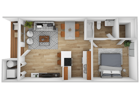A top-down view of a well-organized living space with a kitchen area.